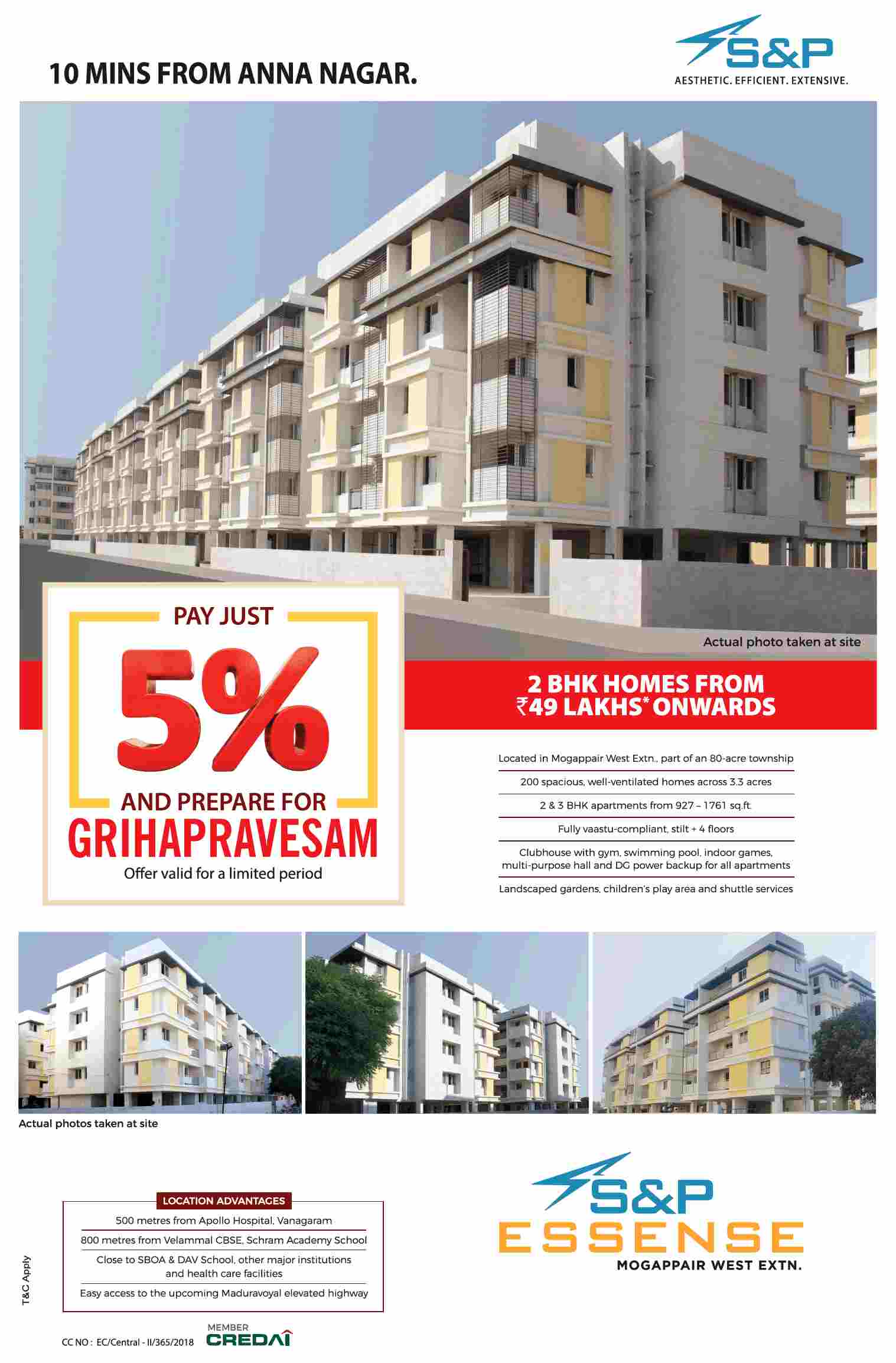 Pay 5% and move in at S & P Essense in Chennai